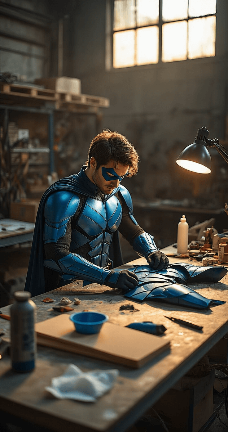 A cosplay enthusiast arranges Nightwing costume pieces on an industrial workbench, surrounded by crafting tools, as golden hour sunlight casts dramatic shadows on blue foam armor and supplies.