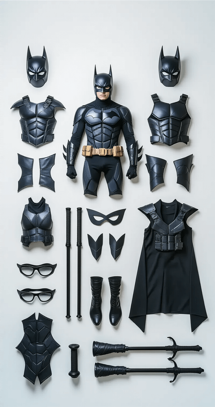 Flat lay of a cosplay preparation scene featuring Nightwing costume components on a minimalist white backdrop. Arranged accessories like escrima sticks, a utility belt, and armor pieces showcase intricate textures, illuminated by soft natural light from studio windows.