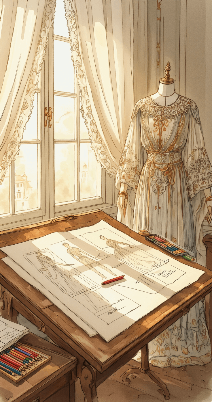 A vintage costume designer's workspace featuring delicate watercolor sketches on an antique drafting table, scattered colored pencils, and a 1920s opera costume sketch with Art Nouveau details, illuminated by golden afternoon sunlight filtering through gauzy curtains, showcasing detailed textile textures and design annotations.