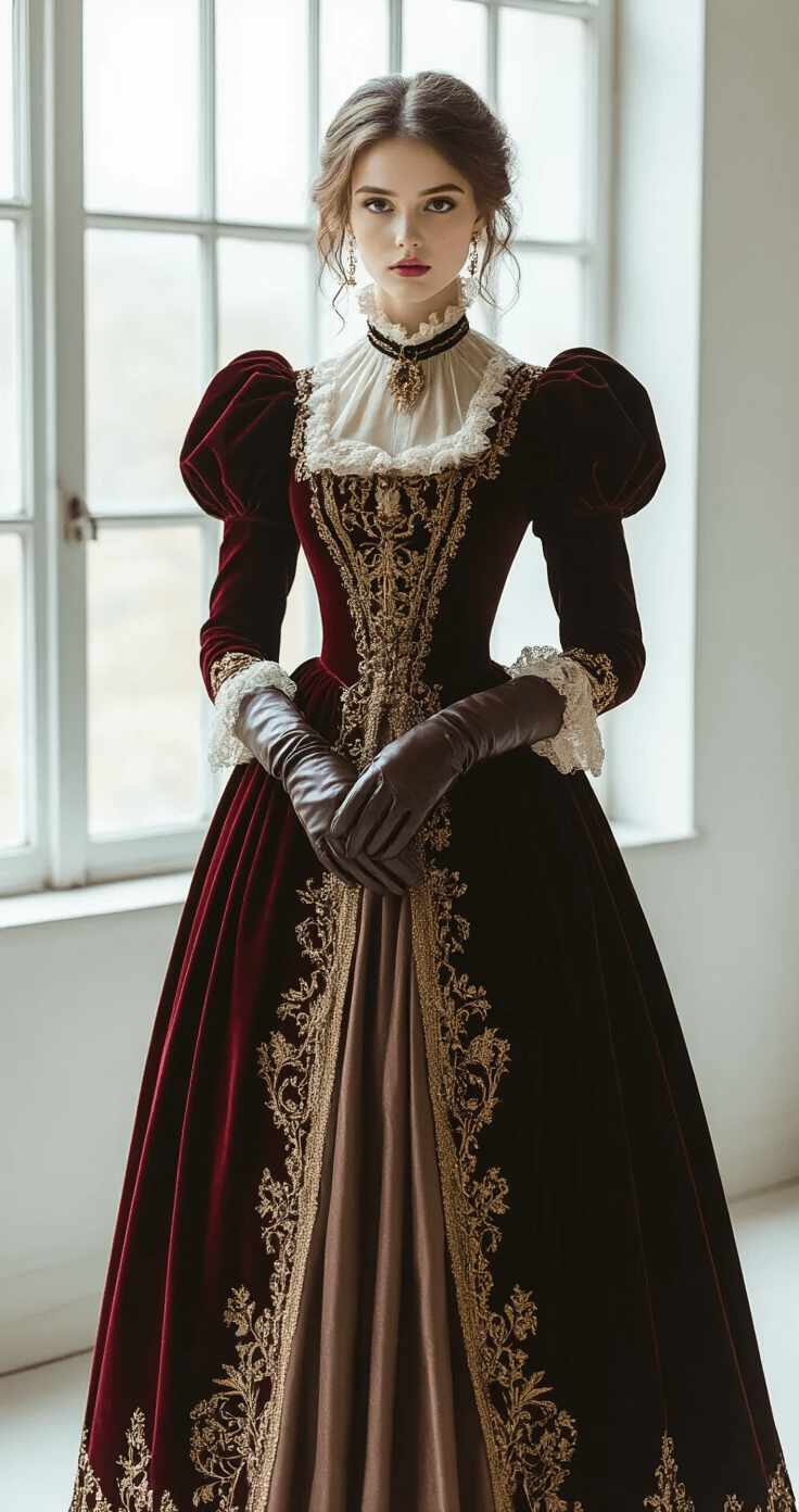 A model in a dramatic burgundy velvet 19th-century dress with puffed sleeves and gold embroidery stands against a minimalist white backdrop, showcasing high-fashion editorial styling with ornate leather gloves and a silk sash, illuminated by soft natural light from large studio windows.