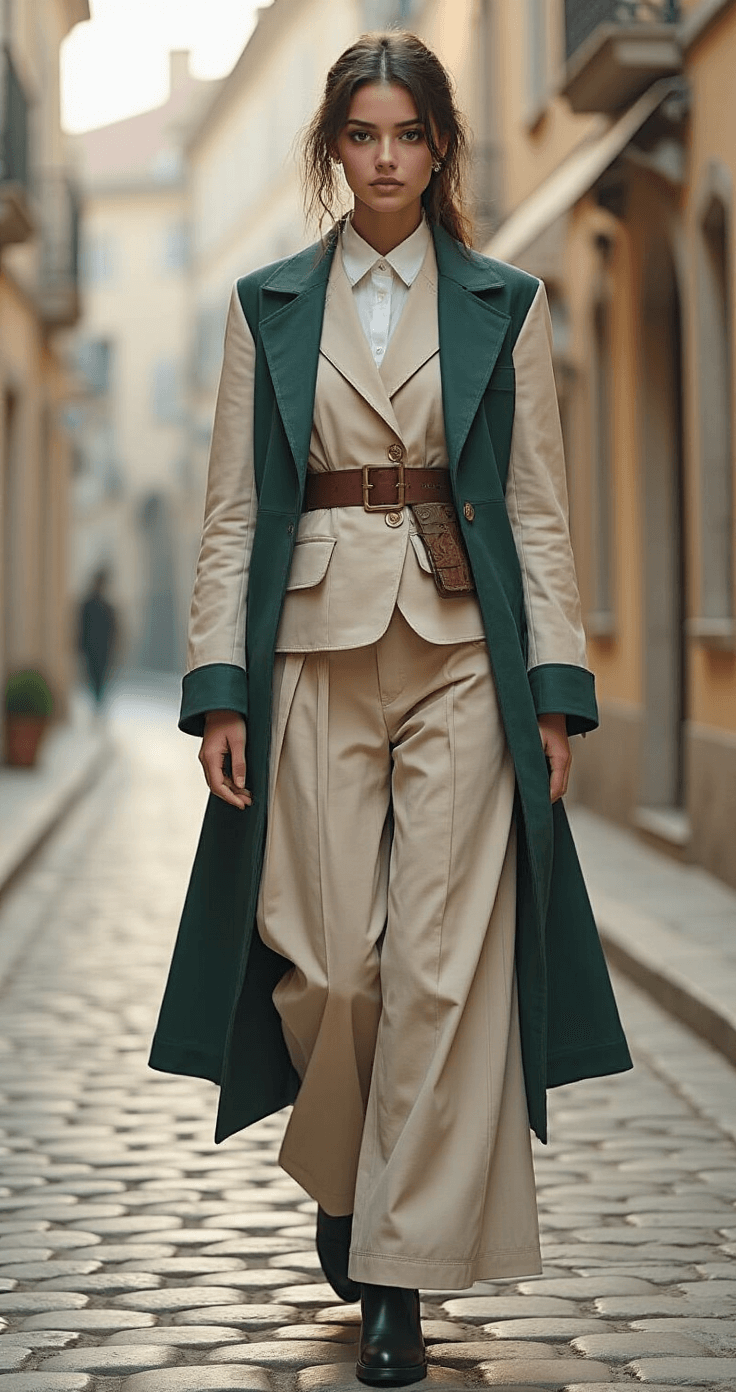 A young female model poses on a cobblestone street in the soft morning light, wearing a structured layered outfit in soft beige and deep emerald that reflects architectural silhouettes and intricate fabric draping, inspired by costume drawing aesthetics.