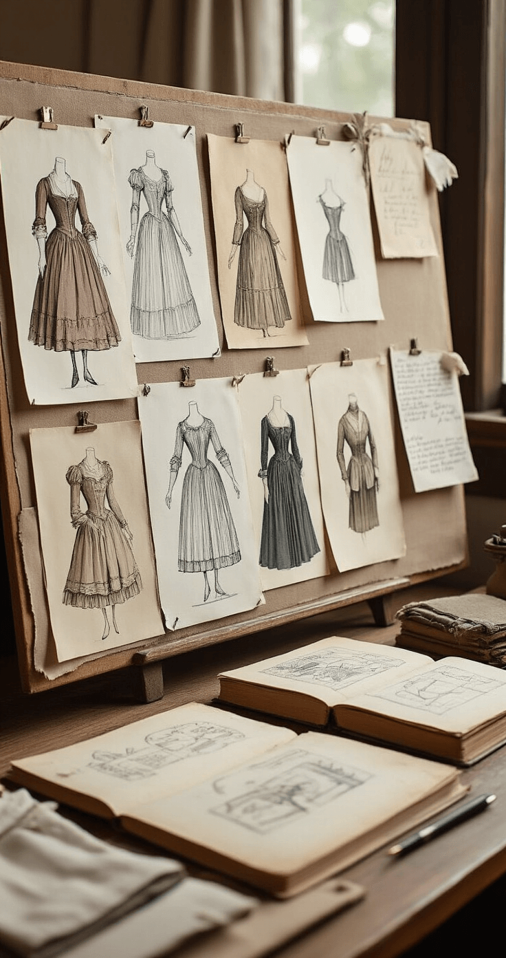 An overhead view of a wardrobe styling scene featuring historical costume sketches pinned to a mood board, vintage fashion reference books, and muted textile swatches, all illuminated by soft diffused light from a studio window.