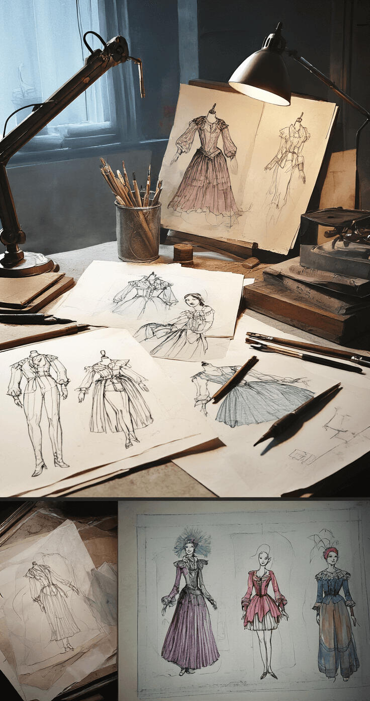 A close-up view of a fashion illustration workspace showcasing mixed media costume design, featuring watercolor and ink sketches on translucent paper, vintage drafting tools, and soft ambient lighting from an architect's lamp, highlighting the creative process of theatrical costume creation.