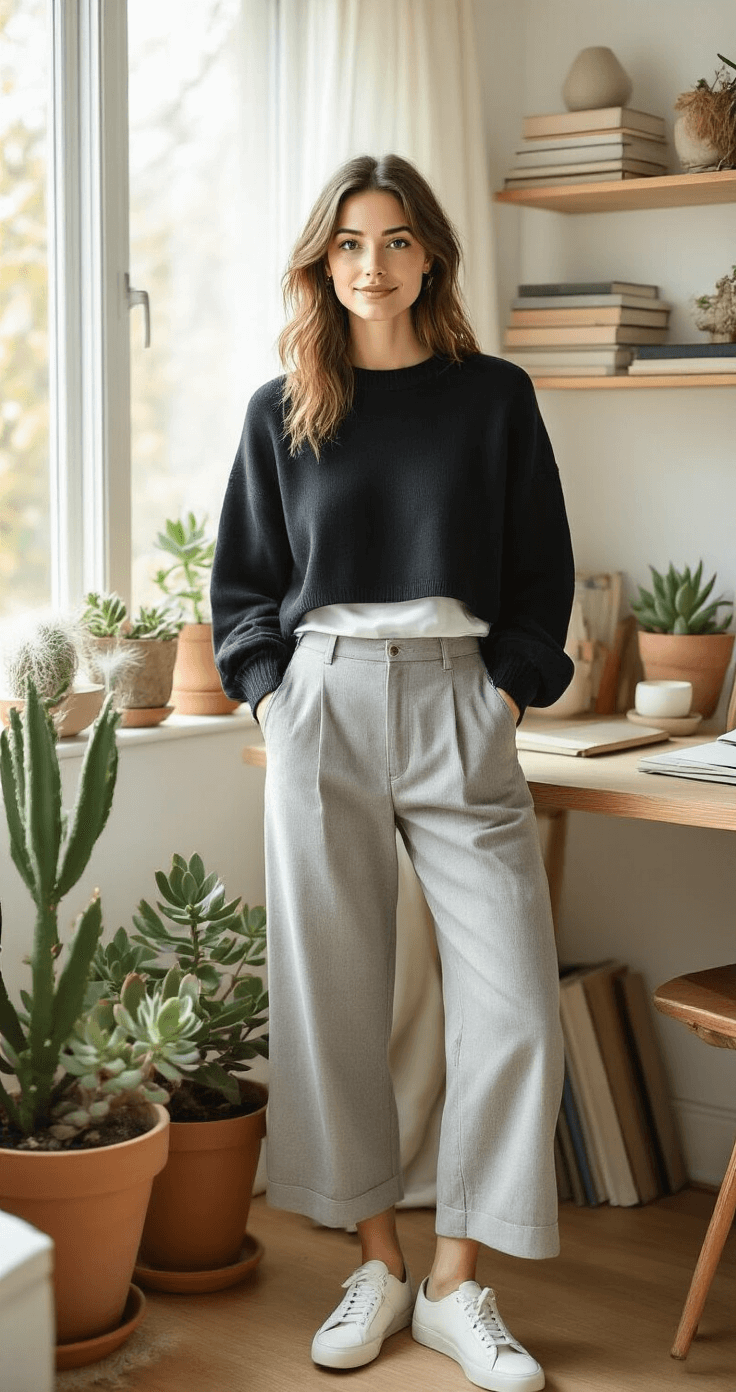 Cozy home workspace bathed in soft morning light, showcasing a creative professional in layered sustainable fashion: a black cropped sweater over a vintage white tee, light gray wool trousers, and white leather sneakers, surrounded by vintage design books, succulents, and minimalist desk accessories.