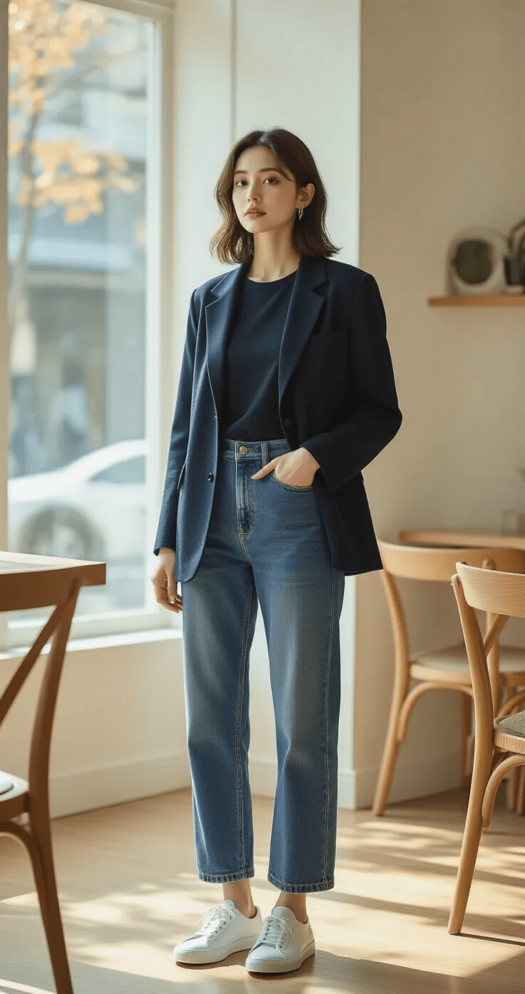 A woman in a minimalist outfit, featuring a navy blazer over a black tee, vintage high-waisted jeans, and white sneakers, sits in a light-filled cafe, with soft natural lighting enhancing the textures and details of her ensemble.