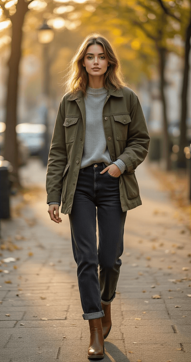 A young woman in a vintage olive green utility jacket, gray merino wool sweater, black straight-leg jeans, and leather ankle boots walks confidently in an urban park during golden hour, with city trees and architectural elements softly blurred in the background.