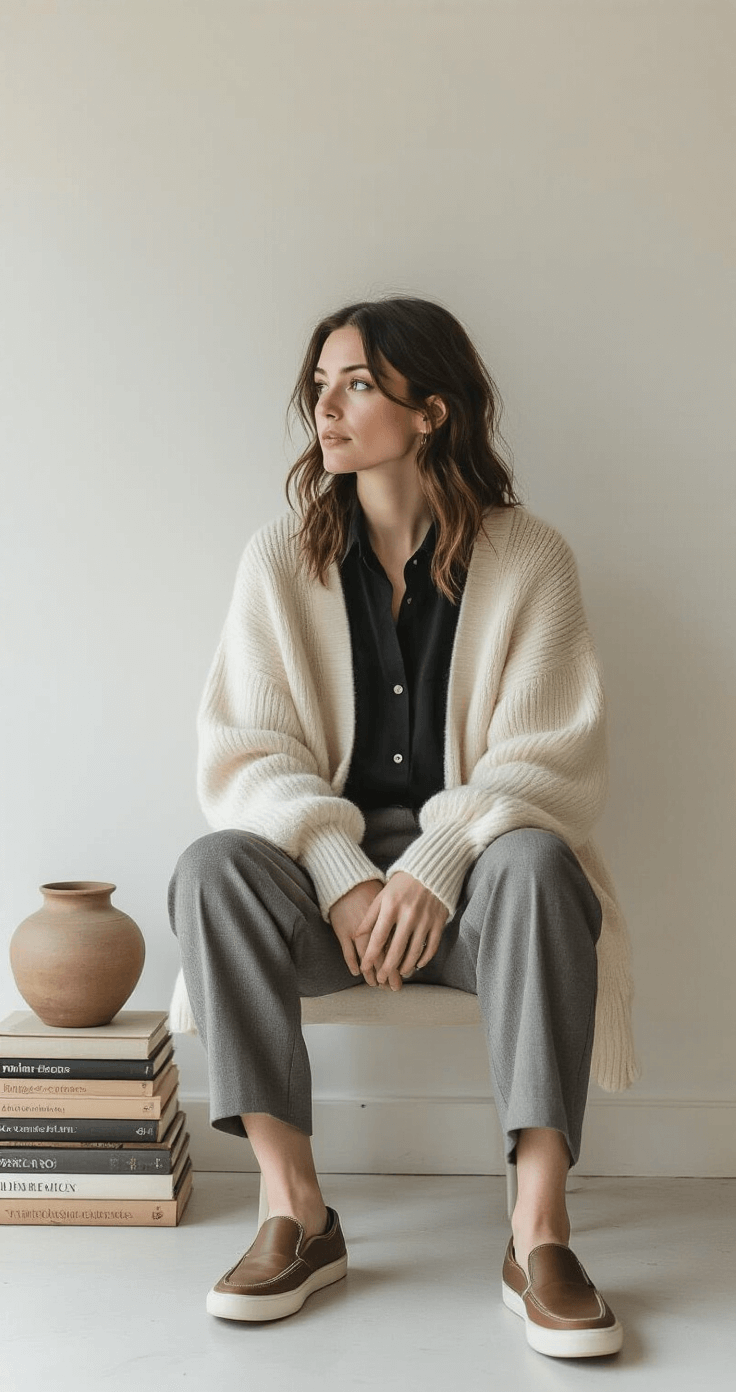 A creative professional in a soft morning light studio, wearing an oversized cream wool sweater over a vintage black silk button-down, relaxed gray wool trousers, and leather slip-on sneakers, surrounded by design books and minimalist decor.