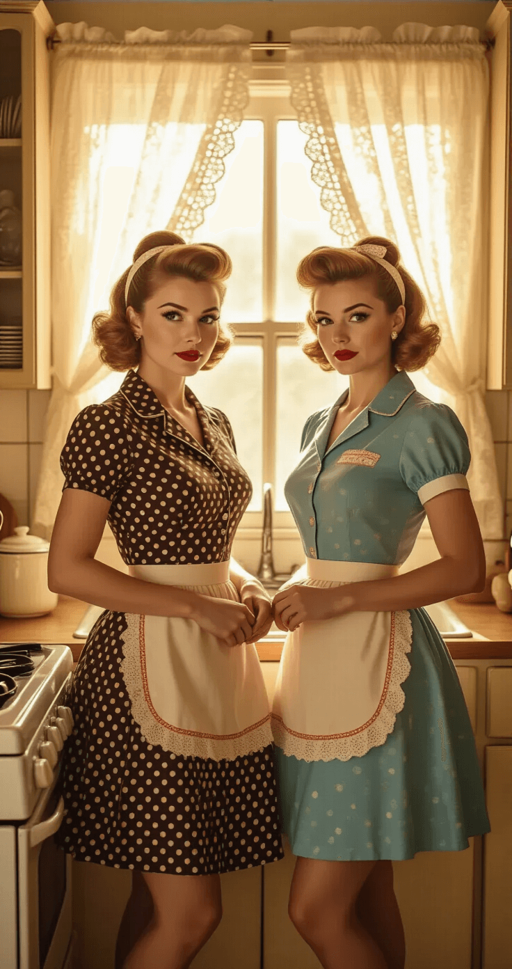 Halloween Duo Costume Ideas for Friends That'll Make You the Life of the Party Two female friends dressed as Lucy and Ethel from I Love Lucy in a vintage 1950s kitchen, showcasing high-waisted skirts, polka dot blouses, and victory rolls hairstyles, with golden hour sunlight filtering through lace curtains, evoking nostalgia and a playful friendship in warm sepia tones.