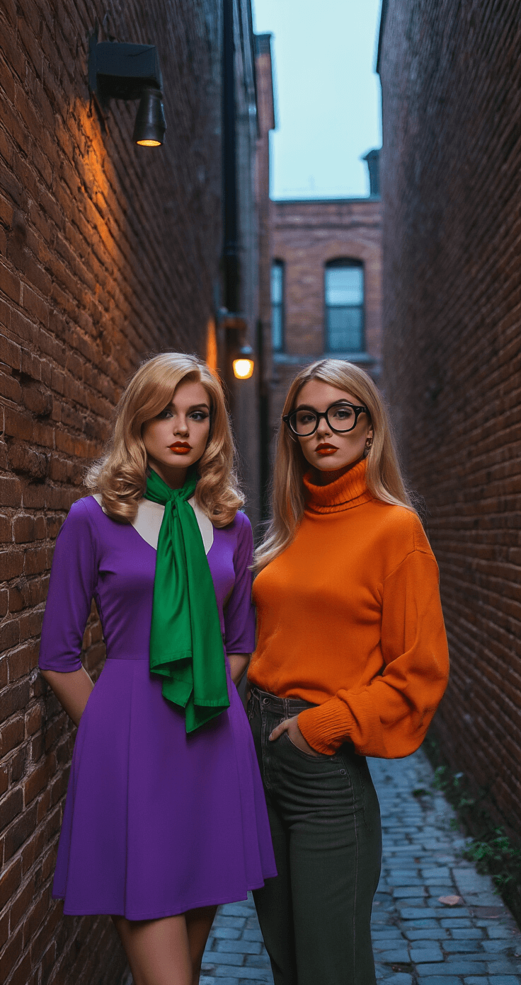 Halloween Duo Costume Ideas for Friends That'll Make You the Life of the Party Daphne in a purple dress and green scarf, styled with 70s glam, stands confidently next to Velma, who wears an oversized orange turtleneck and chunky glasses. They are positioned in a moody urban alleyway at twilight, with soft ambient street lighting illuminating the textured brick background, highlighting their distinct personalities.
