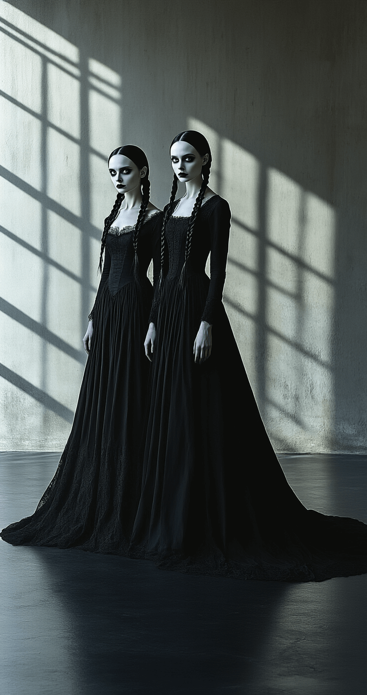 Halloween Duo Costume Ideas for Friends That'll Make You the Life of the Party Dramatic fashion photoshoot featuring Morticia and Wednesday Addams in deep black gowns, set against a minimalist dark studio. Morticia displays an elegant silhouette while Wednesday has tight braids and a deadpan expression, with stark lighting emphasizing the gothic aesthetic and familial bond.