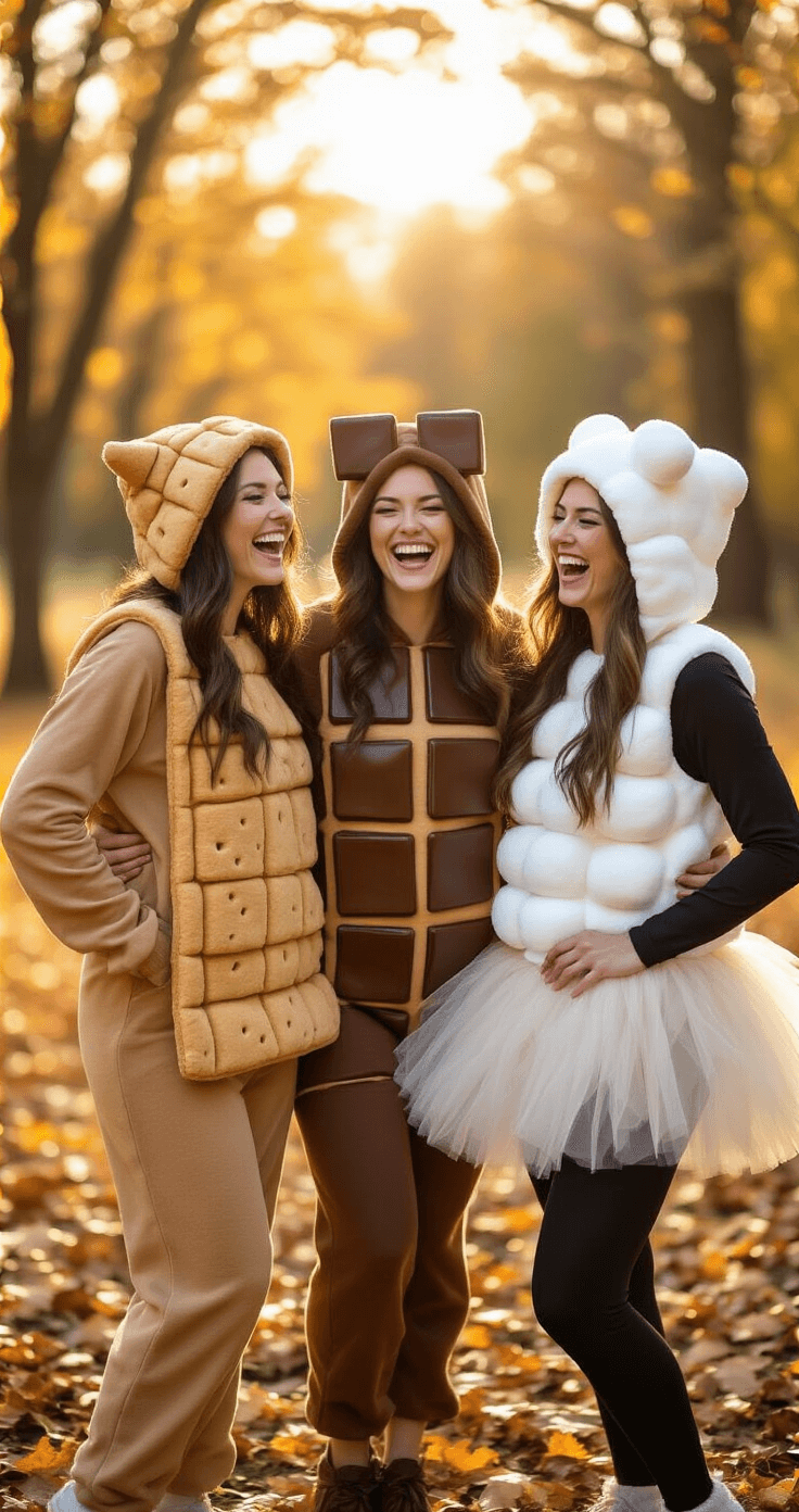 Three women dressed as S'mores enjoy a playful moment in a sunlit park, featuring a graham cracker-inspired outfit with grid patterns, a dark chocolate brown costume, and a fluffy white marshmallow tutu, surrounded by autumn leaves and warm golden light.