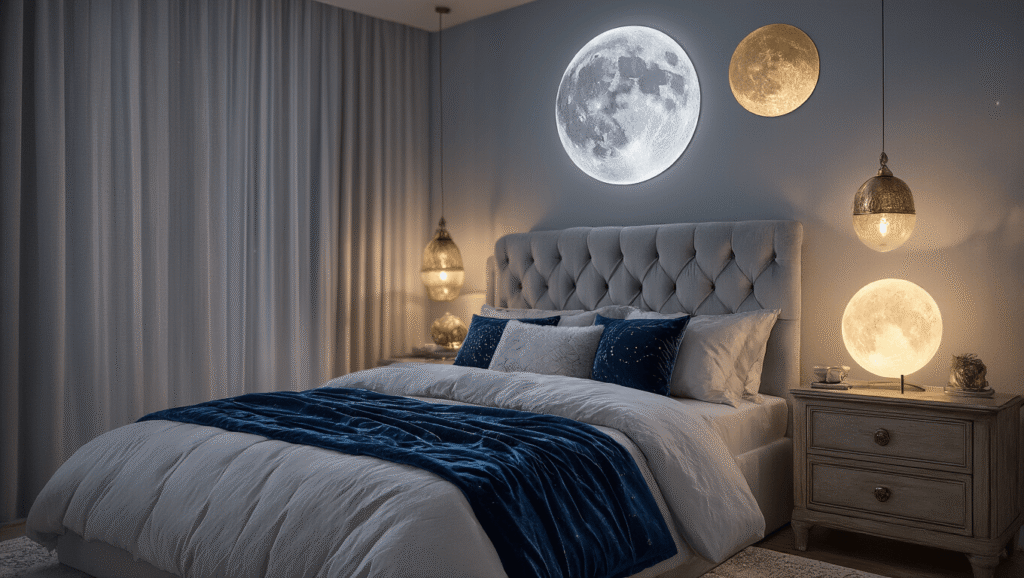 Cinematic wide shot of a moon-inspired bedroom with silver accents, warm lighting, plush textiles, and celestial decor, creating a cozy sanctuary atmosphere.