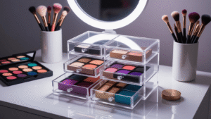 Cinematic overhead shot of a pristine white vanity featuring an organized acrylic makeup storage system with labeled compartments for theatrical foundations, eyeshadow palettes, special effects makeup, and brushes, illuminated by soft diffused lighting and a glowing ring light mirror, showcasing colorful makeup products in a minimalist aesthetic.