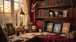 How I Learned to Display Books Like a Fandom Shrine (And Why Your Collection Deserves Better) A cozy reading nook with mahogany shelves showcasing fandom-themed books, Funko Pop figures, vintage brass lamp, fairy lights, and origami cranes, all illuminated by warm golden hour light, creating a warm and inviting atmosphere.