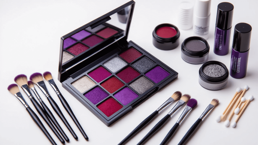A well-organized makeup artist workspace displaying an open purple and black eyeshadow palette, neatly arranged makeup brushes, dark red and gray face paint tubes, metallic silver eyeshadow, black eyeliner pots, and scattered cotton swabs on a clean white surface, illuminated by soft, warm studio lighting.