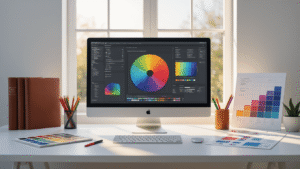 A modern workspace with a large monitor displaying vibrant data visualization color palettes, surrounded by color swatch books and gradient charts. Natural light casts shadows on a minimalist white desk with colored pencils and a digital stylus in the foreground, complemented by a warm ambiance and cool screen glow.