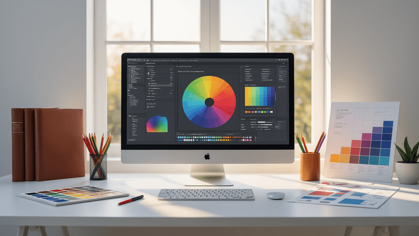 A modern workspace with a large monitor displaying vibrant data visualization color palettes, surrounded by color swatch books and gradient charts. Natural light casts shadows on a minimalist white desk with colored pencils and a digital stylus in the foreground, complemented by a warm ambiance and cool screen glow.