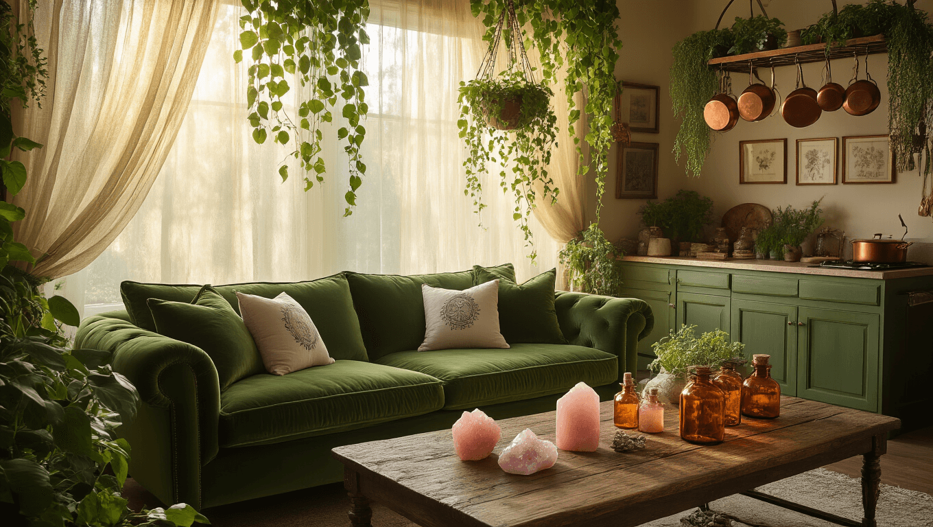 An enchanted green witch living room illuminated by golden hour light, featuring a sage green velvet sofa, weathered oak coffee table with rose quartz and apothecary bottles, cascading pothos and ivy, copper pot rack with herbs, and a gallery wall of pressed botanicals.