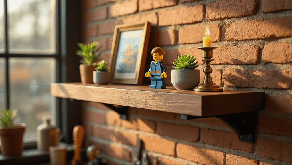Cinematic close-up of a dark walnut floating shelf on exposed brick wall, adorned with LEGO minifigures, a succulent in a concrete planter, a vintage brass candleholder, and a leaning picture frame, illuminated by warm golden hour sunlight.