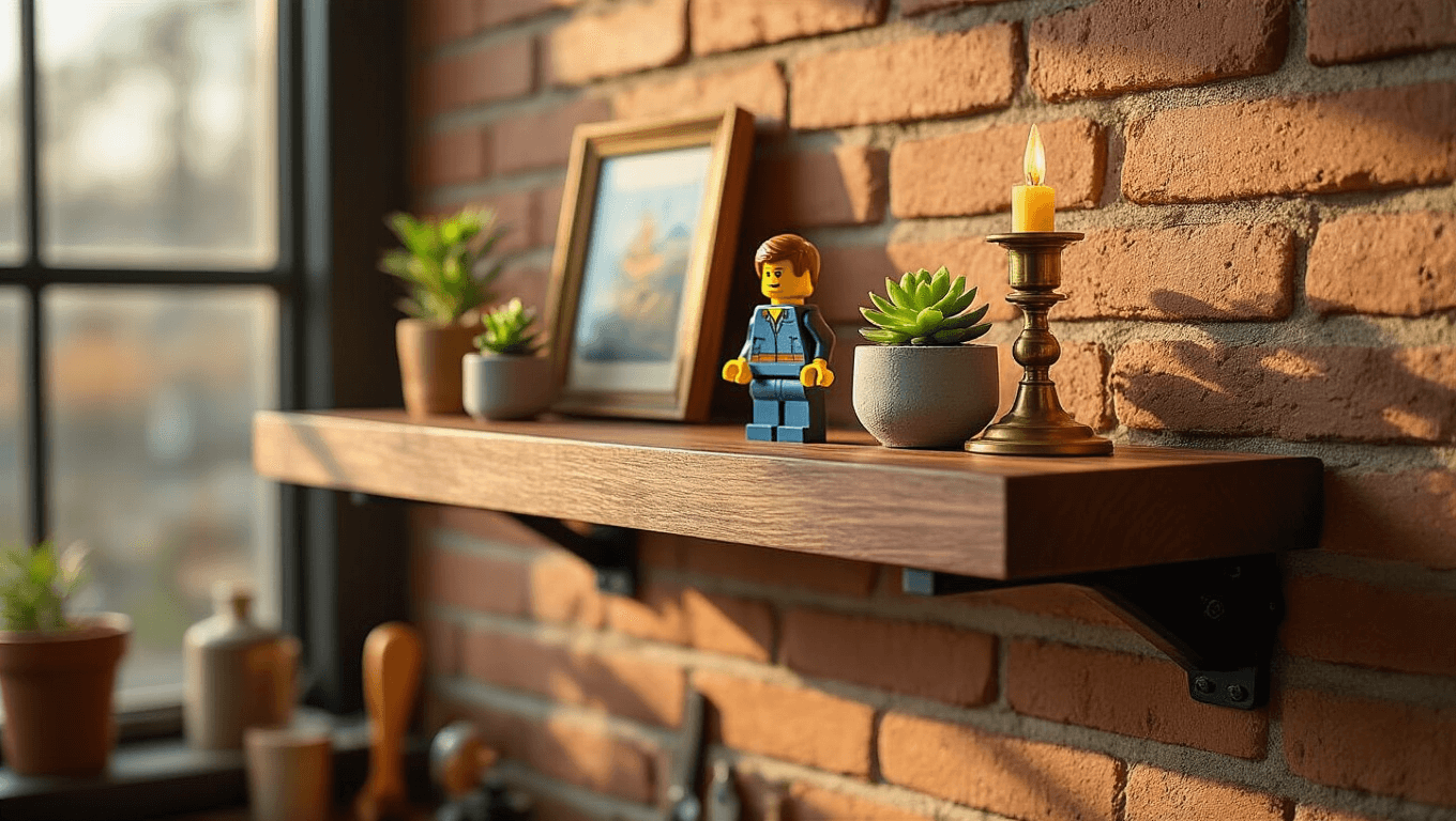 Cinematic close-up of a dark walnut floating shelf on exposed brick wall, adorned with LEGO minifigures, a succulent in a concrete planter, a vintage brass candleholder, and a leaning picture frame, illuminated by warm golden hour sunlight.