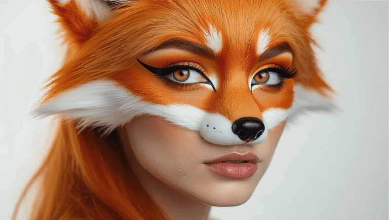 Fox Cosplay Makeup: How I Create an Authentic Foxy Look Every Time Warm fox cosplay makeup featuring sharp amber winged eyeliner, earthy orange-brown eyeshadow, a distinctive white triangular nose tip outlined in black, subtle contouring, and soft fox ear accessories, photographed against a clean white background with golden hour lighting.