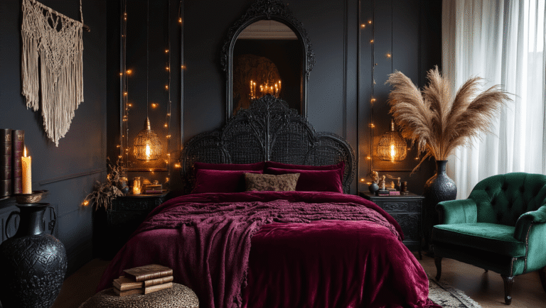 Cinematic gothic boho bedroom featuring deep charcoal walls, ornate black rattan headboard, layered burgundy velvet bedding, and warm ambient lighting from brass table lamps and string lights, adorned with pampas grass, a gothic arch mirror, and rich jewel tones.