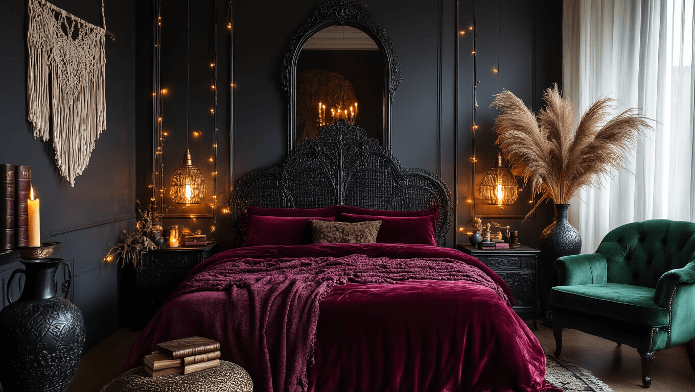 Cinematic gothic boho bedroom featuring deep charcoal walls, ornate black rattan headboard, layered burgundy velvet bedding, and warm ambient lighting from brass table lamps and string lights, adorned with pampas grass, a gothic arch mirror, and rich jewel tones.