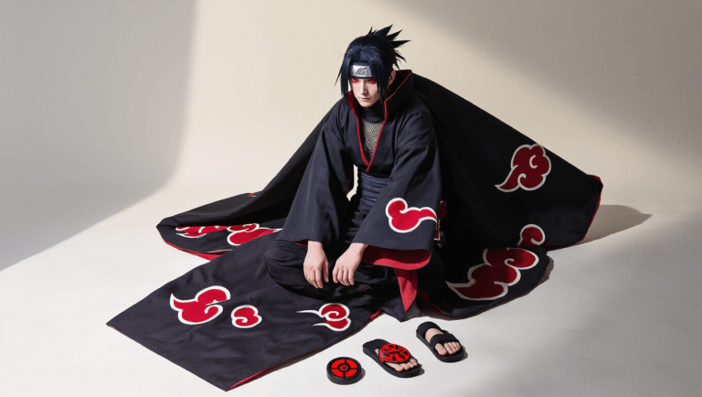 A flatlay of Itachi Uchiha cosplay featuring a black Akatsuki cloak, scratched Leaf Village headband, dark shirt with mesh underlayer, fitted pants, ninja sandals, red Akatsuki ring, and Sharingan contact lenses, arranged on a clean white background with warm studio lighting.