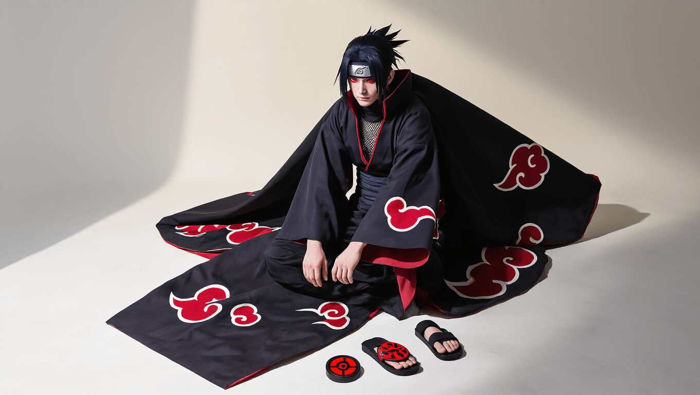 A flatlay of Itachi Uchiha cosplay featuring a black Akatsuki cloak, scratched Leaf Village headband, dark shirt with mesh underlayer, fitted pants, ninja sandals, red Akatsuki ring, and Sharingan contact lenses, arranged on a clean white background with warm studio lighting.