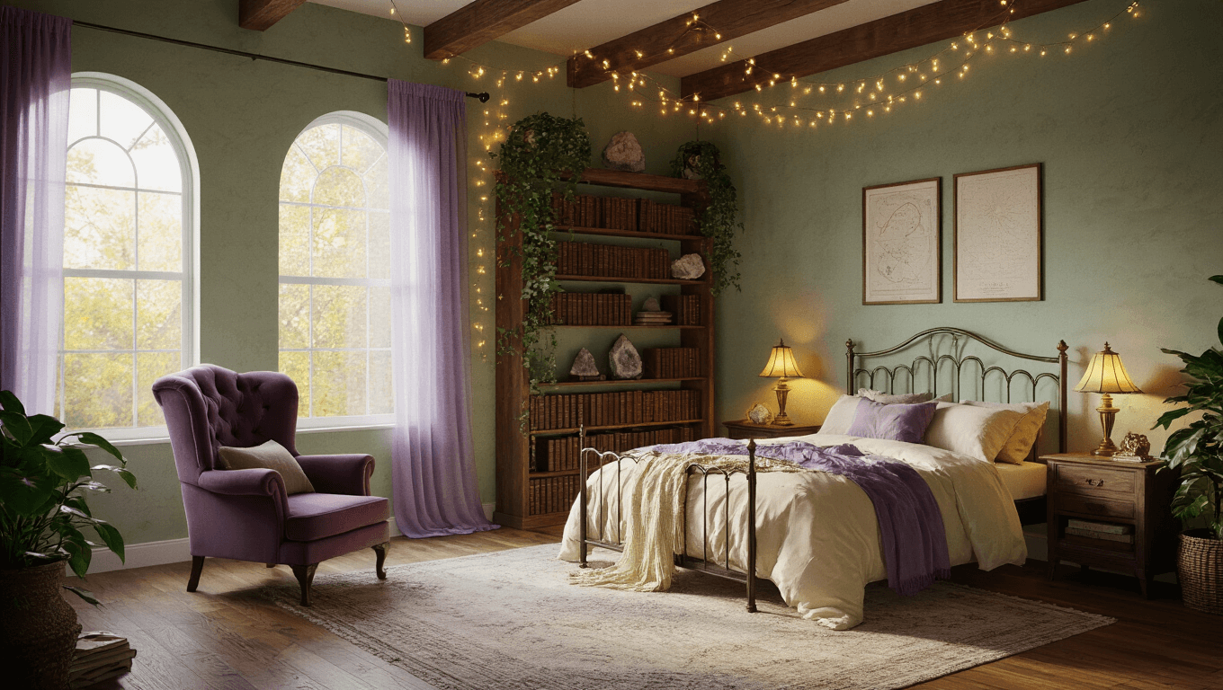 Cinematic wide-angle shot of an enchanted bedroom sanctuary with sage green walls, vintage velvet chair, tall arched windows draped in lavender curtains, and warm wooden floors, featuring layered fairy lights, a curated bookshelf, a wrought iron bed with layered throws, and a gallery wall of botanical prints, all bathed in golden hour light for a cozy magical ambiance.