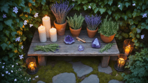 25 Magical Backyard Ideas That'll Transform Your Outdoor Space Into a Witchy Wonderland Cinematic overhead view of a magical backyard corner featuring a weathered wooden altar with flickering candles, amethyst crystals, and herbs, illuminated by soft moonlight and warm candlelight amidst lush greenery and stone textures.