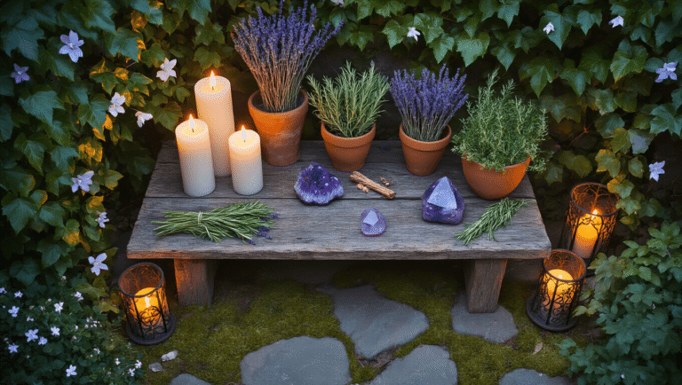 Cinematic overhead view of a magical backyard corner featuring a weathered wooden altar with flickering candles, amethyst crystals, and herbs, illuminated by soft moonlight and warm candlelight amidst lush greenery and stone textures.