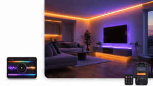 Cinematic shot of a modern living room with warm amber programmable LED strip lights, sleek furniture, and music-reactive colors, featuring an LED controller and smartphone app interface.