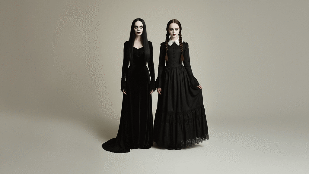 Two friends dressed as Morticia and Wednesday Addams in elegant black gothic dresses against a clean white background, showcasing their friendship with complementary poses and dramatic, moody lighting.