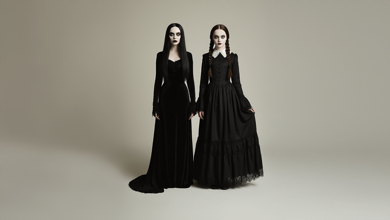 Two friends dressed as Morticia and Wednesday Addams in elegant black gothic dresses against a clean white background, showcasing their friendship with complementary poses and dramatic, moody lighting.