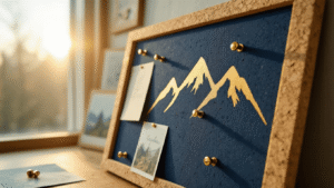 Cinematic close-up of a navy blue cork board with a gold mountain stencil, featuring natural cork texture, brass pushpins, vintage postcards, and handwritten notes, all framed by a natural linen border in warm golden hour lighting.