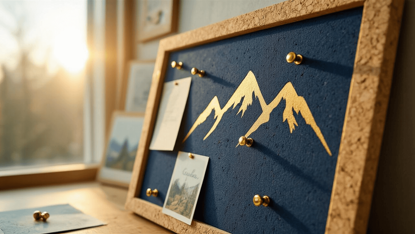 Cinematic close-up of a navy blue cork board with a gold mountain stencil, featuring natural cork texture, brass pushpins, vintage postcards, and handwritten notes, all framed by a natural linen border in warm golden hour lighting.