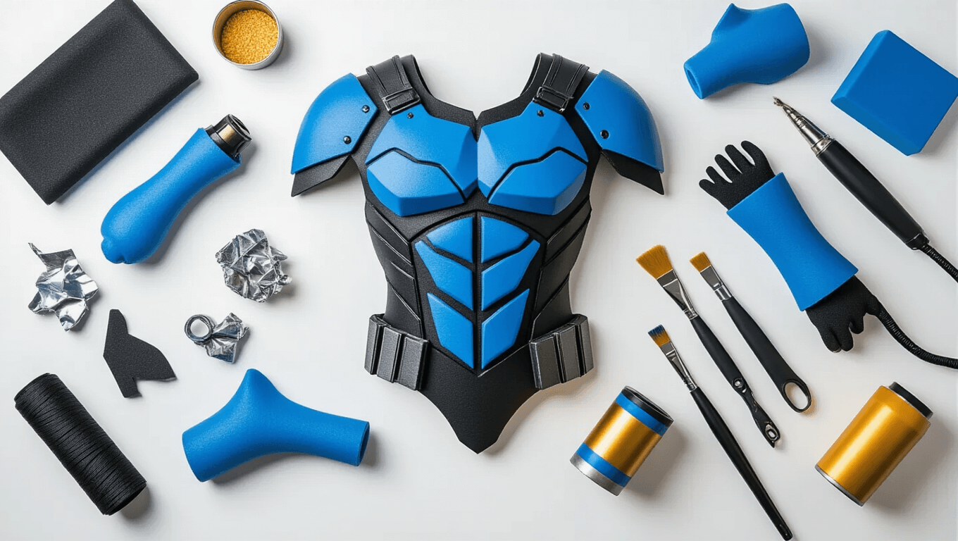 Flatlay of blue and black foam armor pieces for Nightwing cosplay on a clean white background, surrounded by crafting tools like a heat gun, contact cement, and metallic paints, illuminated by soft natural lighting.