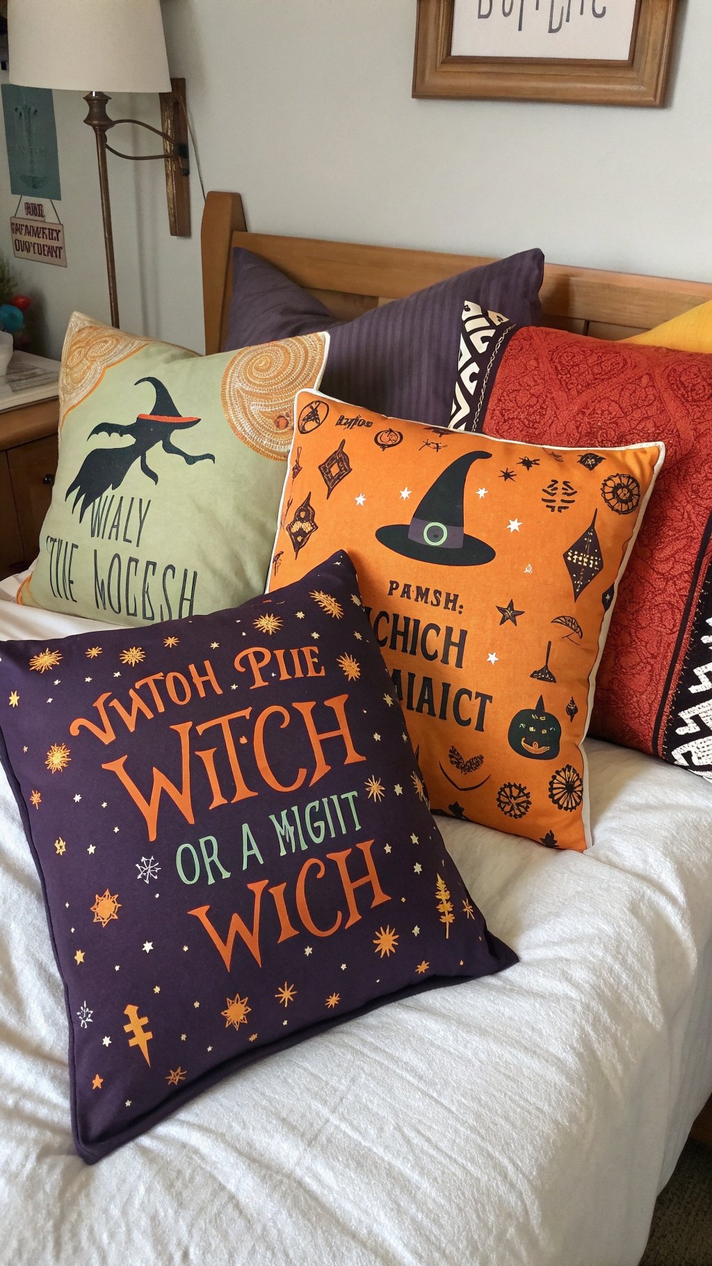 A collection of witch-themed pillows in various colors and designs on a bed.