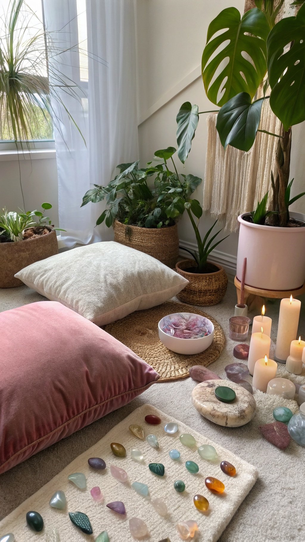A cozy crystal healing corner with pillows, plants, crystals, and candles.