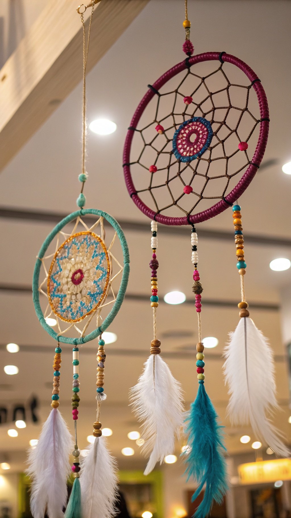 Two colorful dreamcatchers hanging with beads and feathers.