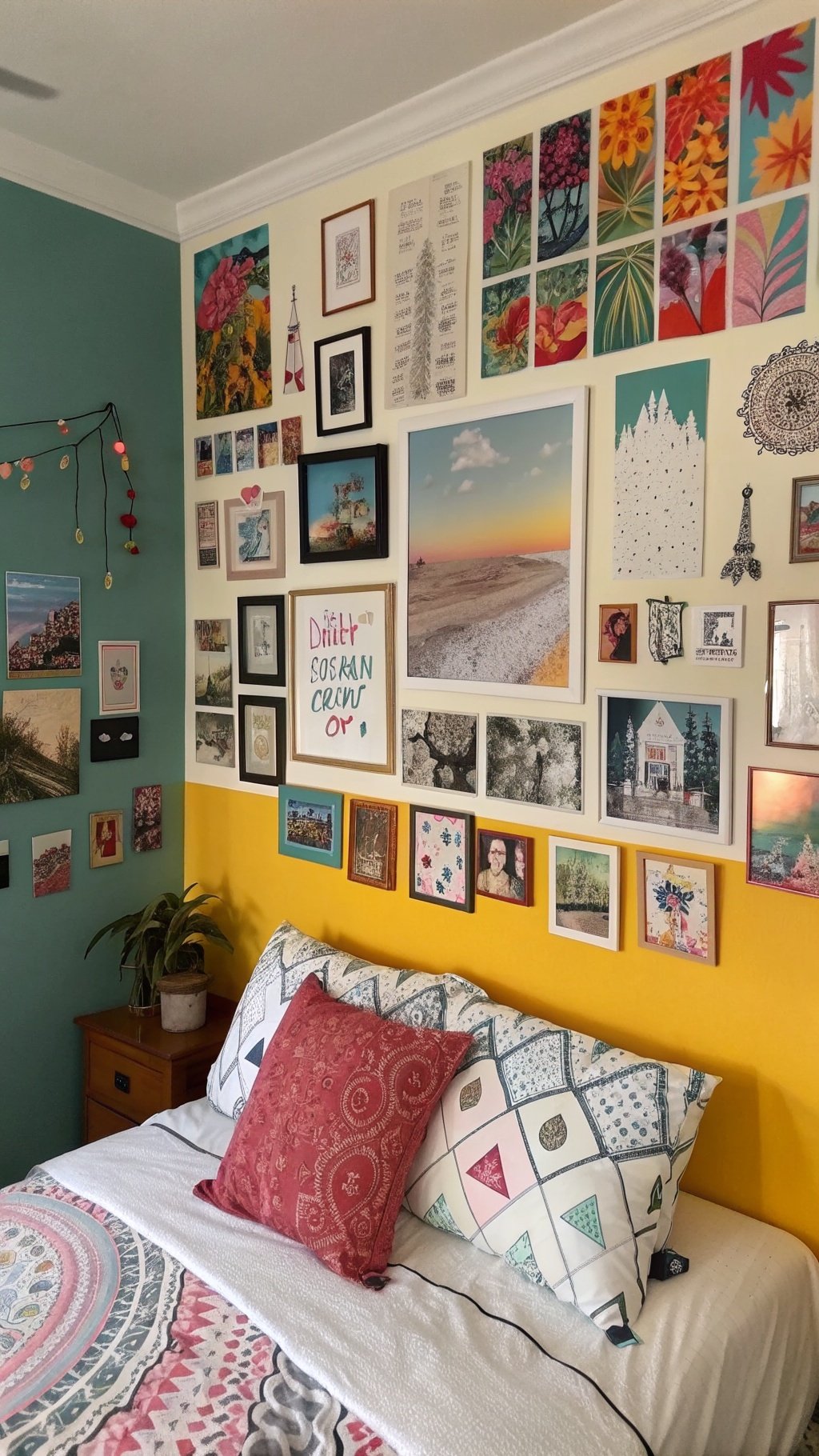 A colorful gallery wall with various framed artworks and photos in a boho witchy bedroom.