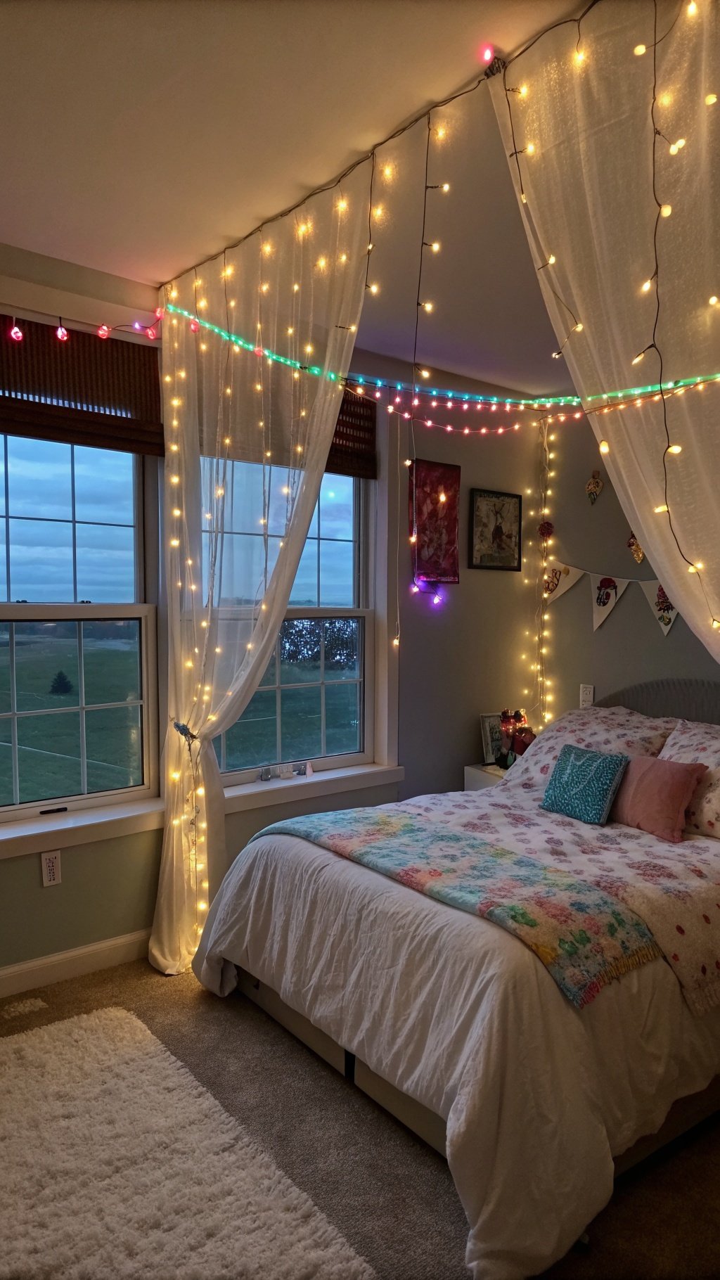 A cozy boho witchy bedroom with fairy lights draped around the windows and walls, creating a magical atmosphere.