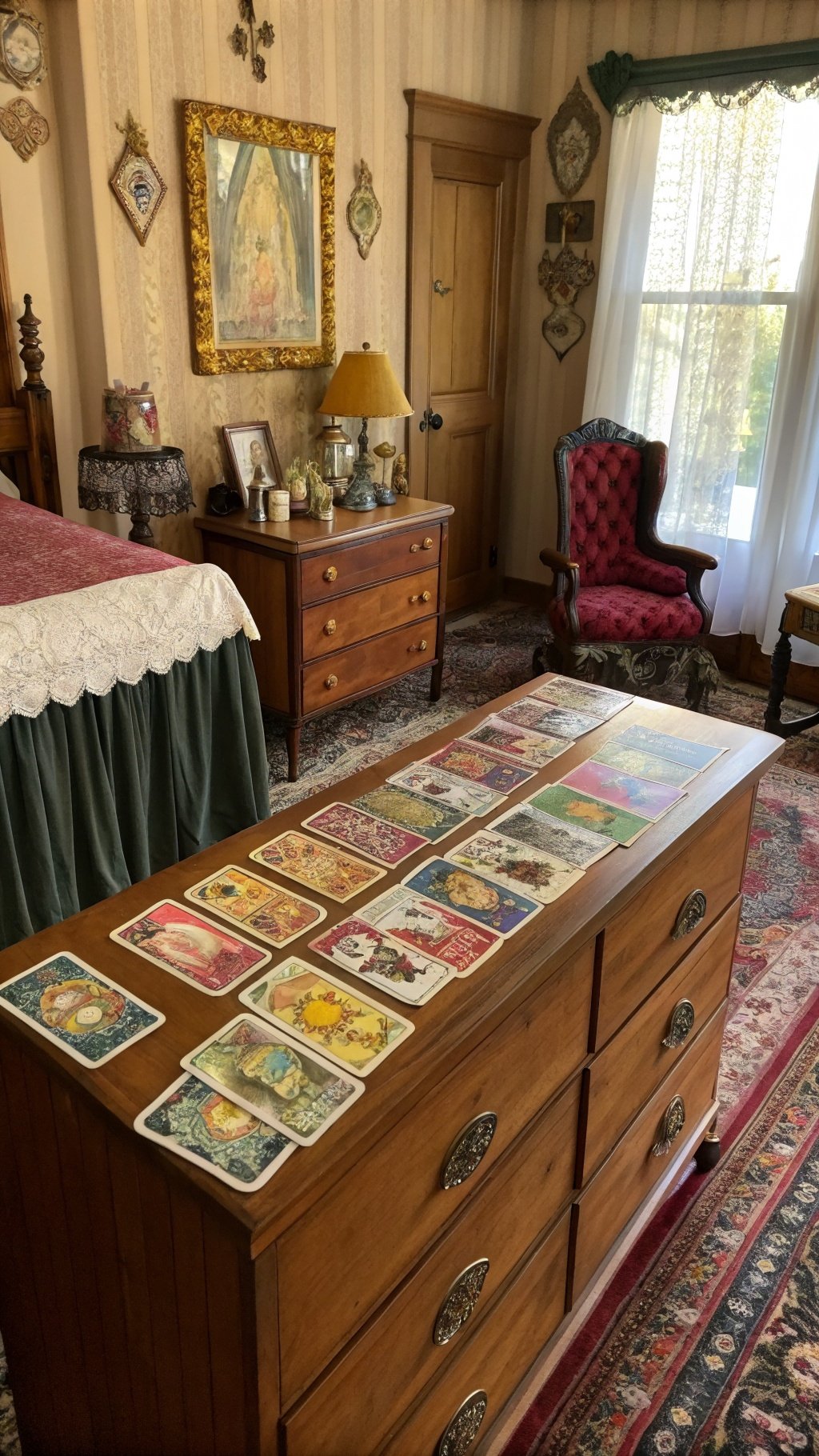 A wooden chest displaying vintage tarot cards in a cozy bedroom setting.