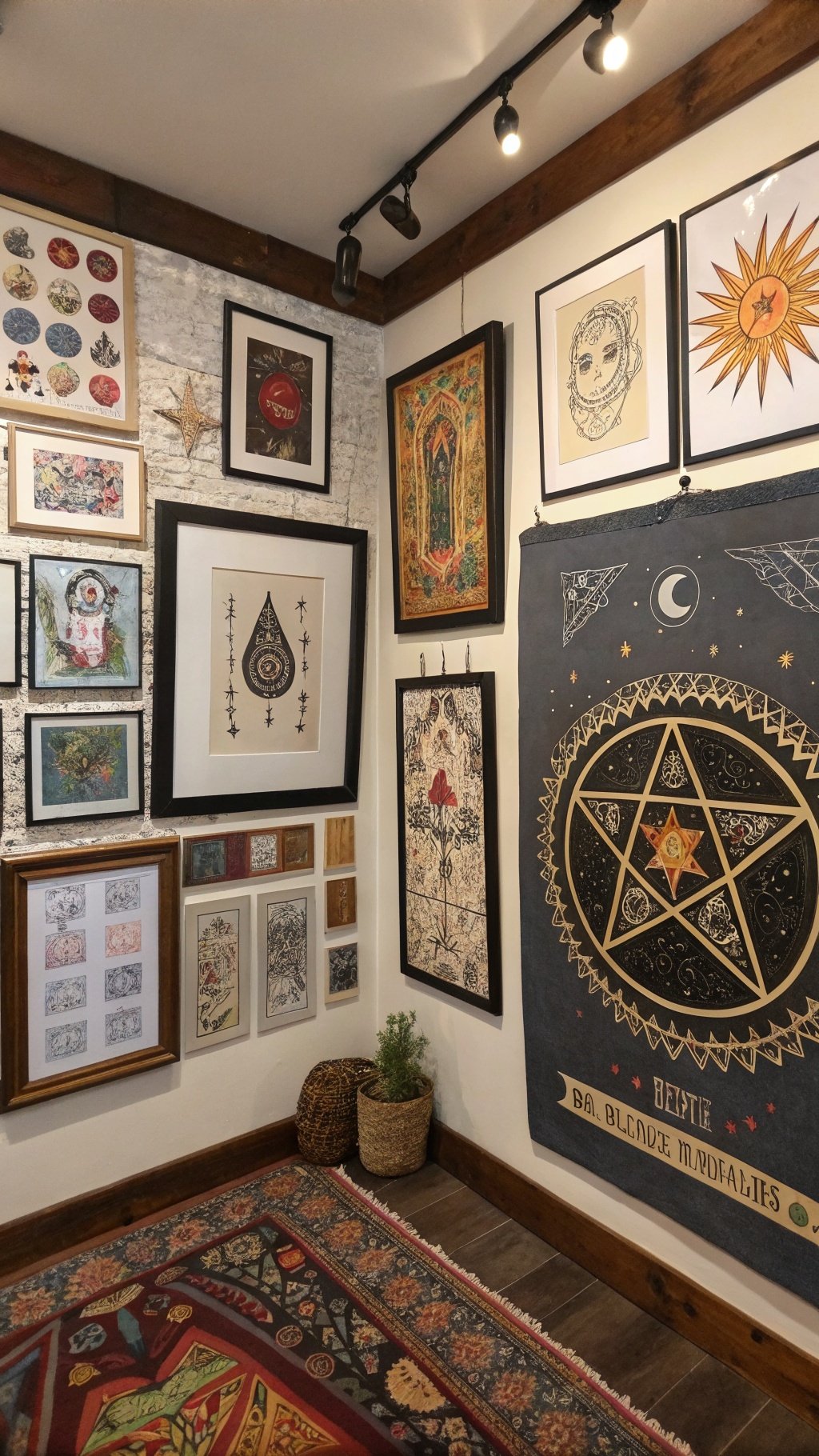 A wall decorated with various witchy artworks and prints, showcasing mystical themes and intricate designs.