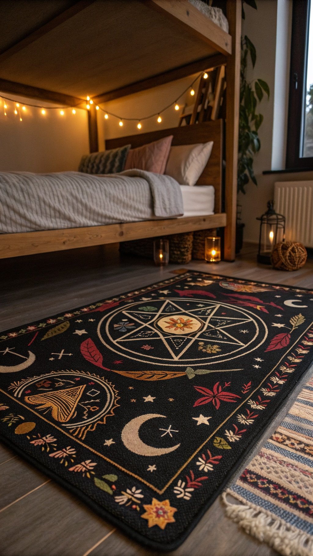 A witchy themed area rug with a pentagram design and mystical symbols in a cozy bedroom setting.