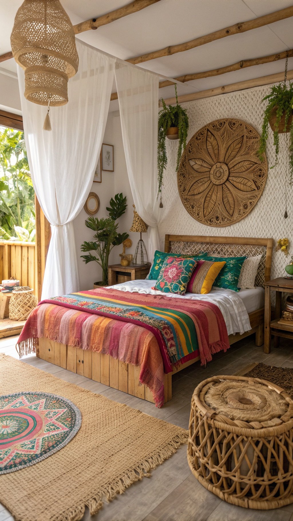 A cozy boho witchy bedroom featuring natural materials, colorful textiles, and plants.