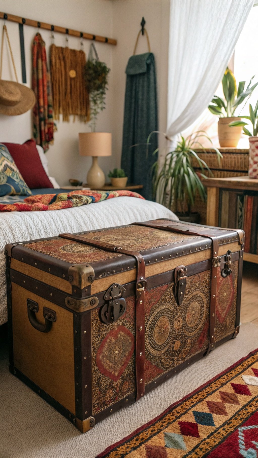 A vintage trunk with intricate designs, used for storage in a boho witchy bedroom.