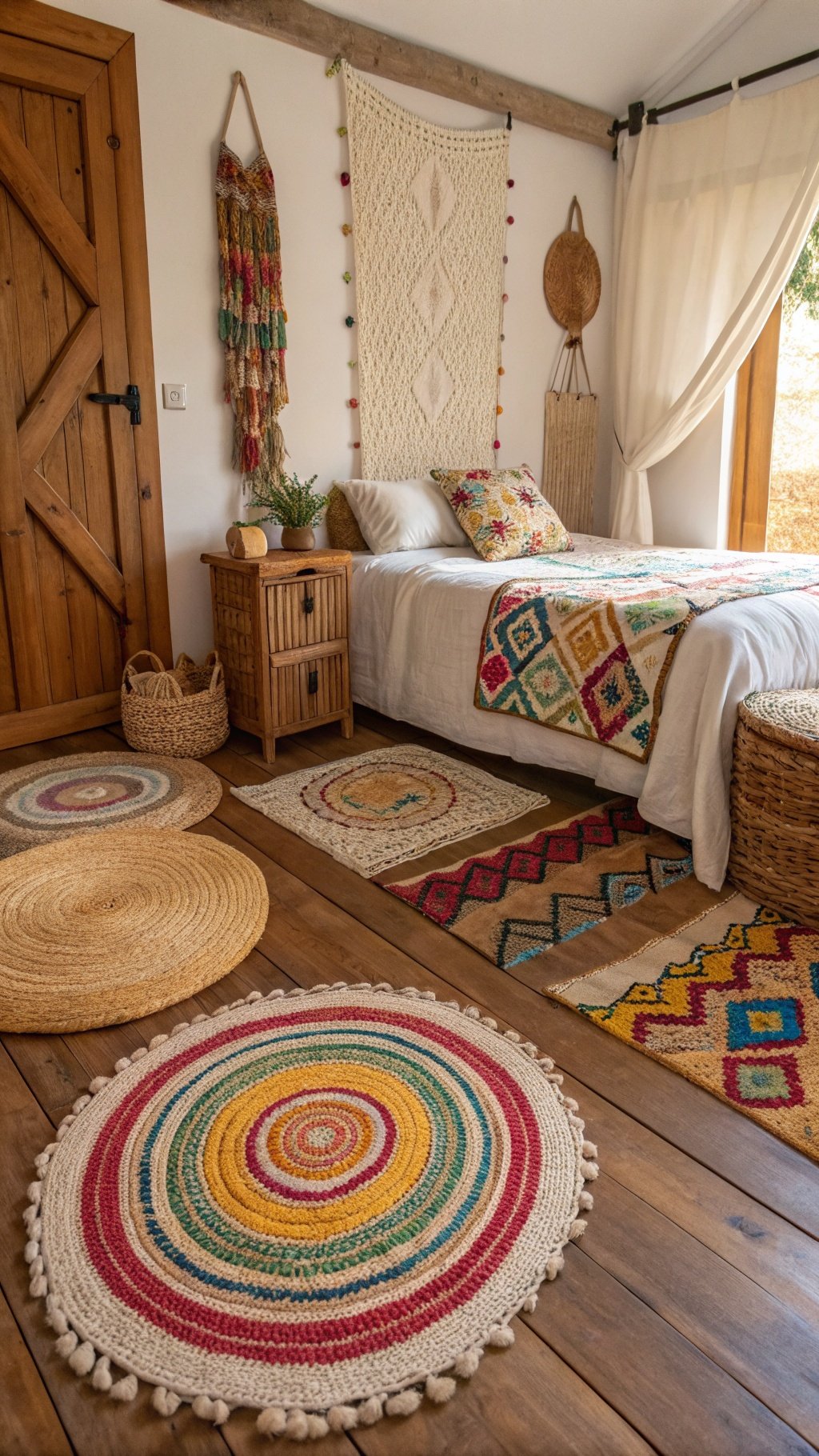 A cozy boho witchy bedroom featuring various woven rugs and textiles, including colorful round and rectangular rugs on wooden flooring.