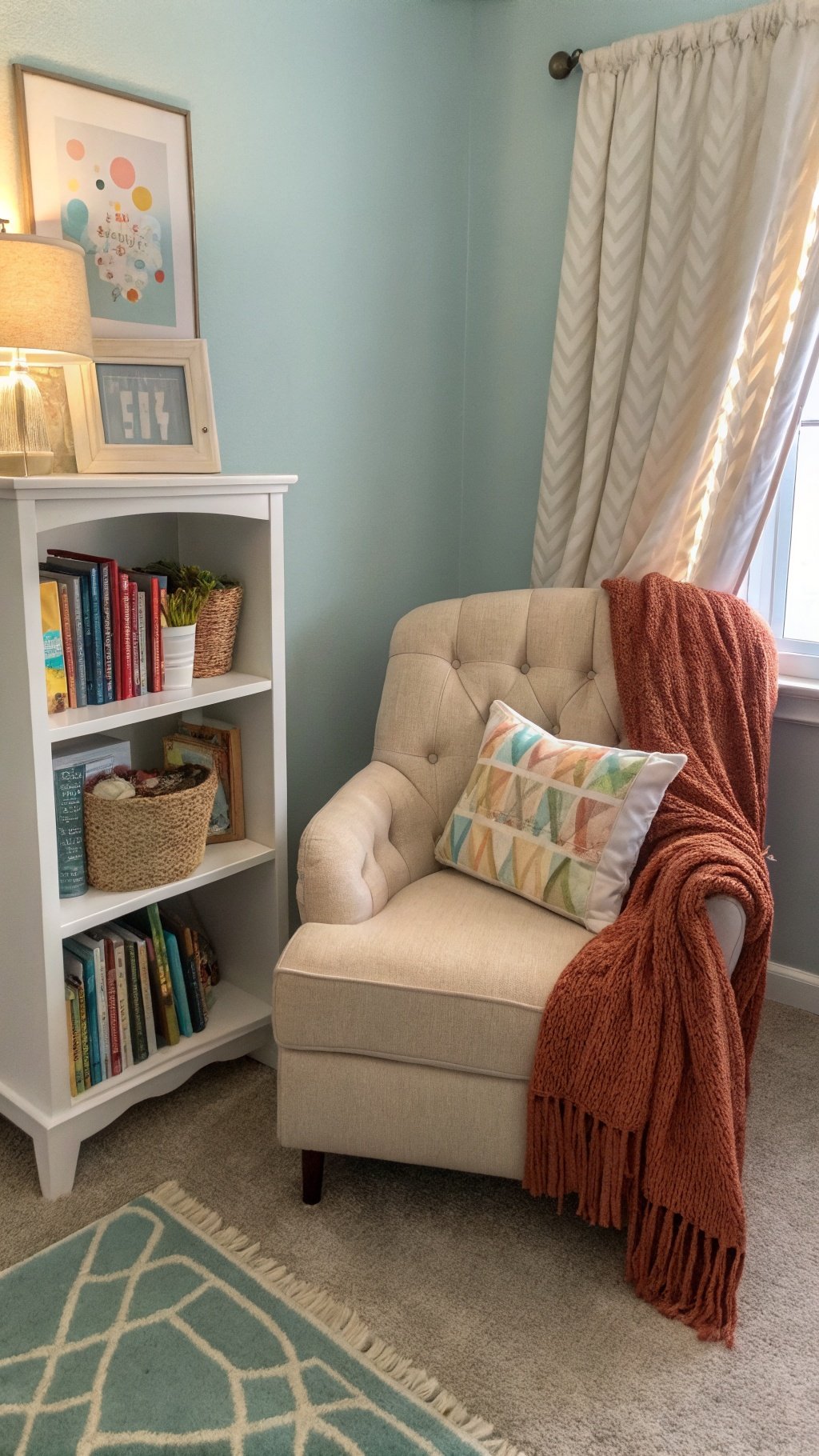 Cozy reading nook with a beige armchair, orange throw blanket, white bookshelf filled with books, and soft blue walls.